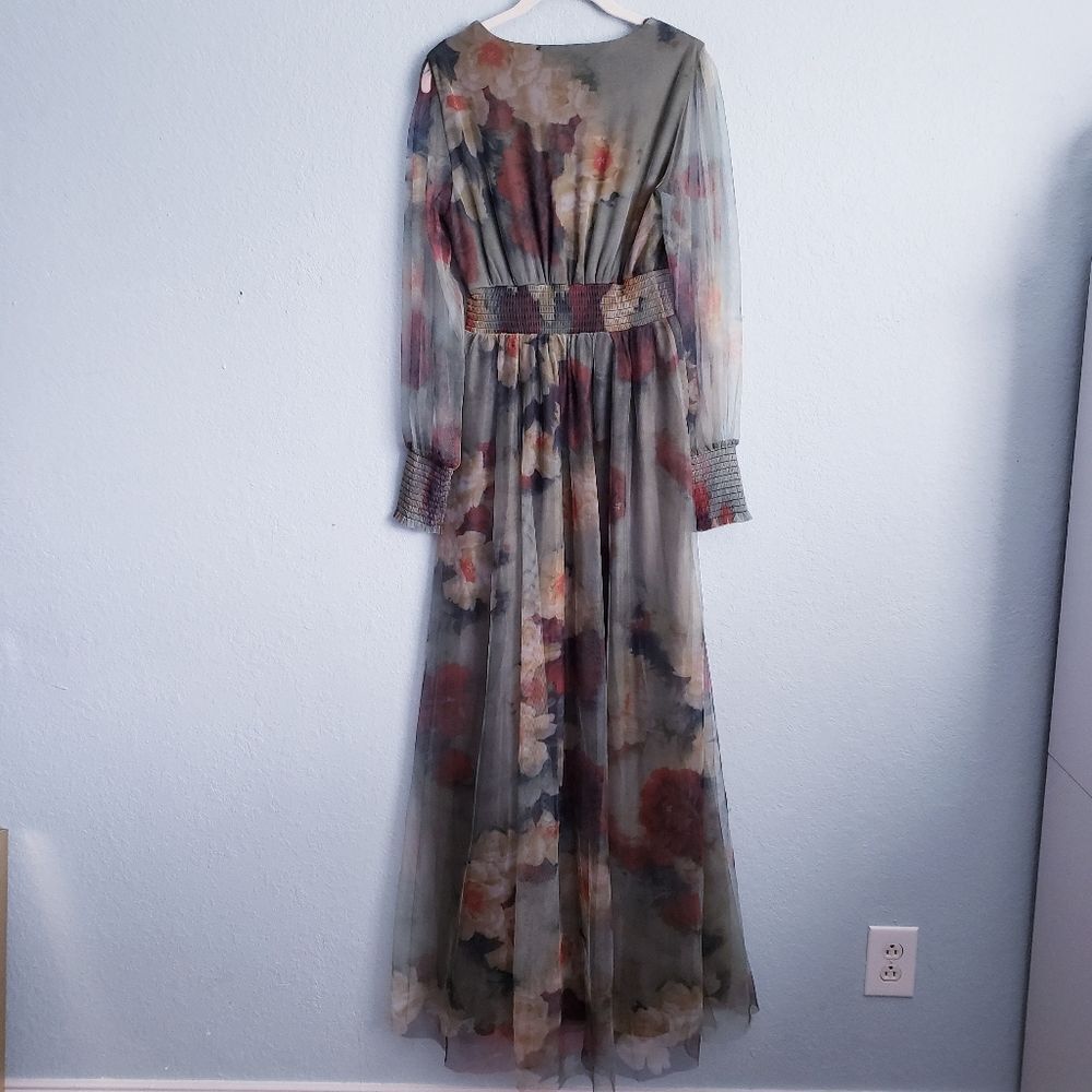 Baltic Born Layla Olive And Rust Floral Long Sleeve Tulle Maxi Dress - Picture 5 of 5